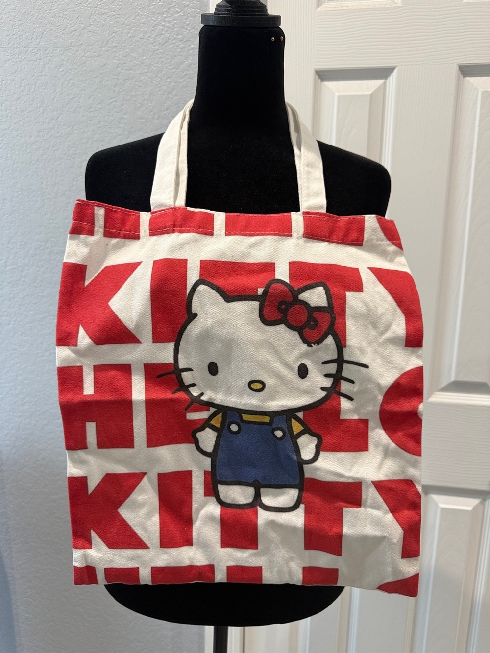 Hello Kitty Red and White Canvas Tote with Blue Outfit Graphic